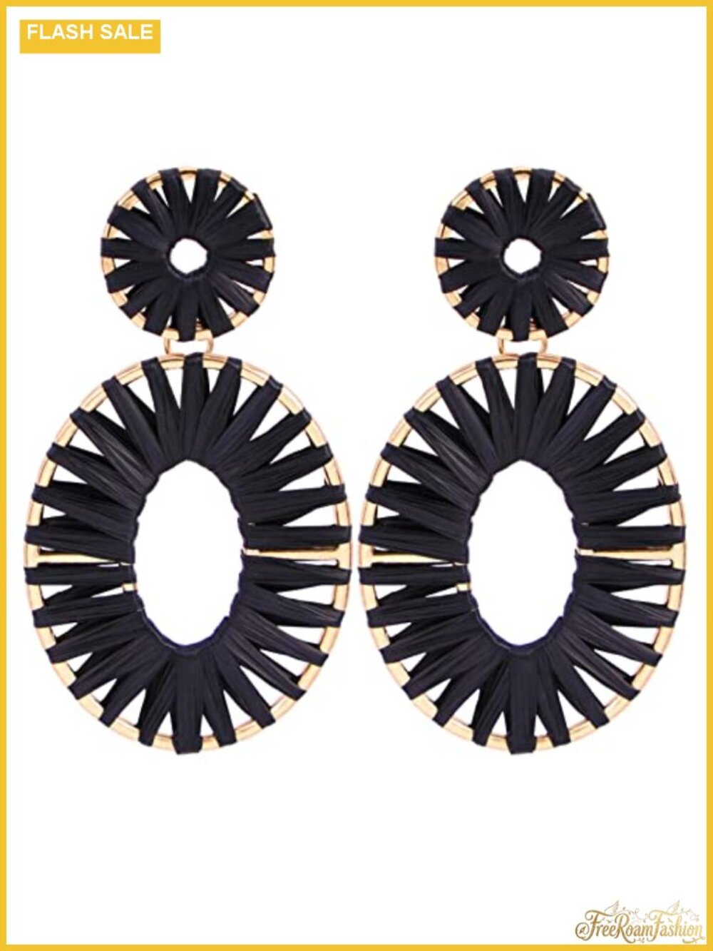 Raffia Tassel Hoop Drop Earrings 14K Gold Plated Handmade Woven Dangle